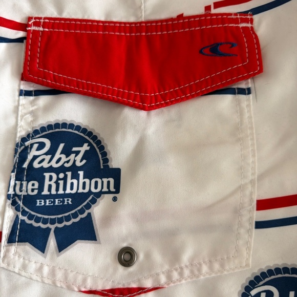 Pabst Blue Ribbon O'Neill Board Shorts Men's 34 Medium Red White Blue Swim - Picture 2 of 7